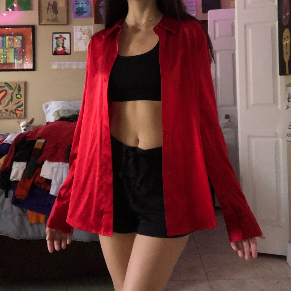 Red silk long sleeve button up women’s shirt